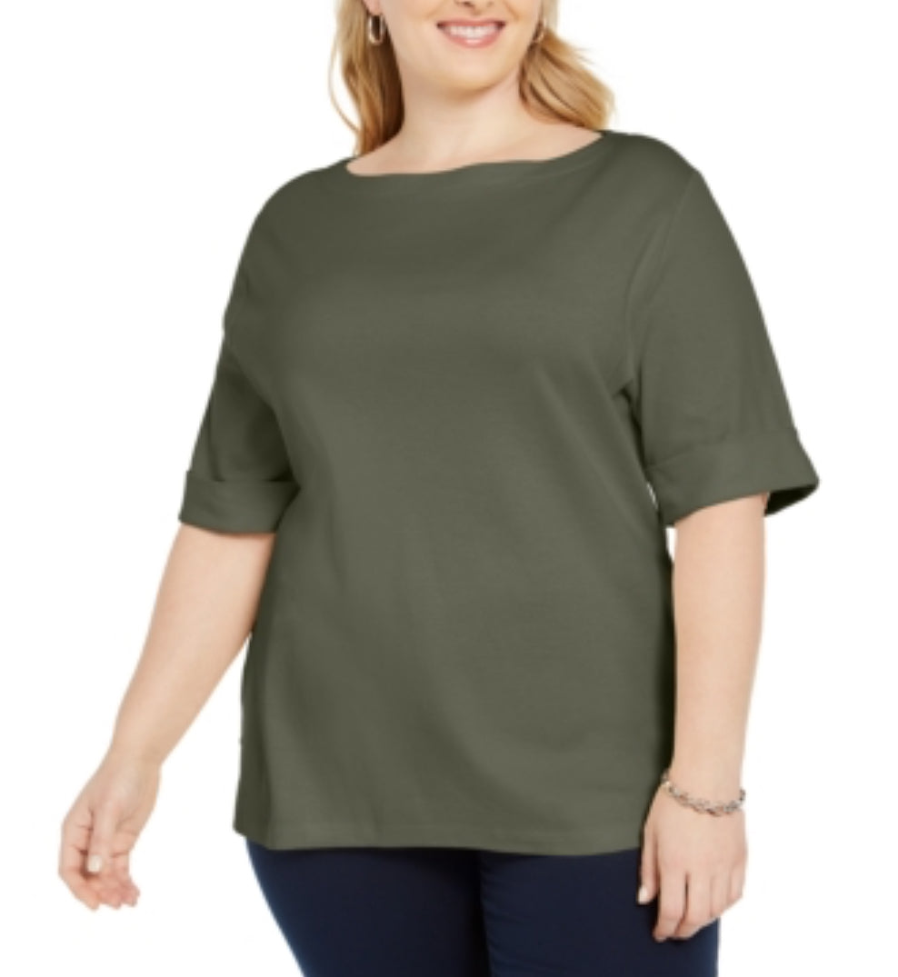 Karen Scott Plus Size Elbow Sleeve Boatneck Cotton T-Shirt SIZE by Brands Overstock | Brands Overstock