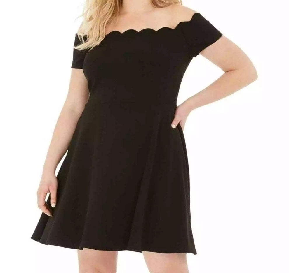B DARLIN 22W plus black off the shoulders scalloped skater mini dress 22W Dresses by Brands Overstock | Brands Overstock