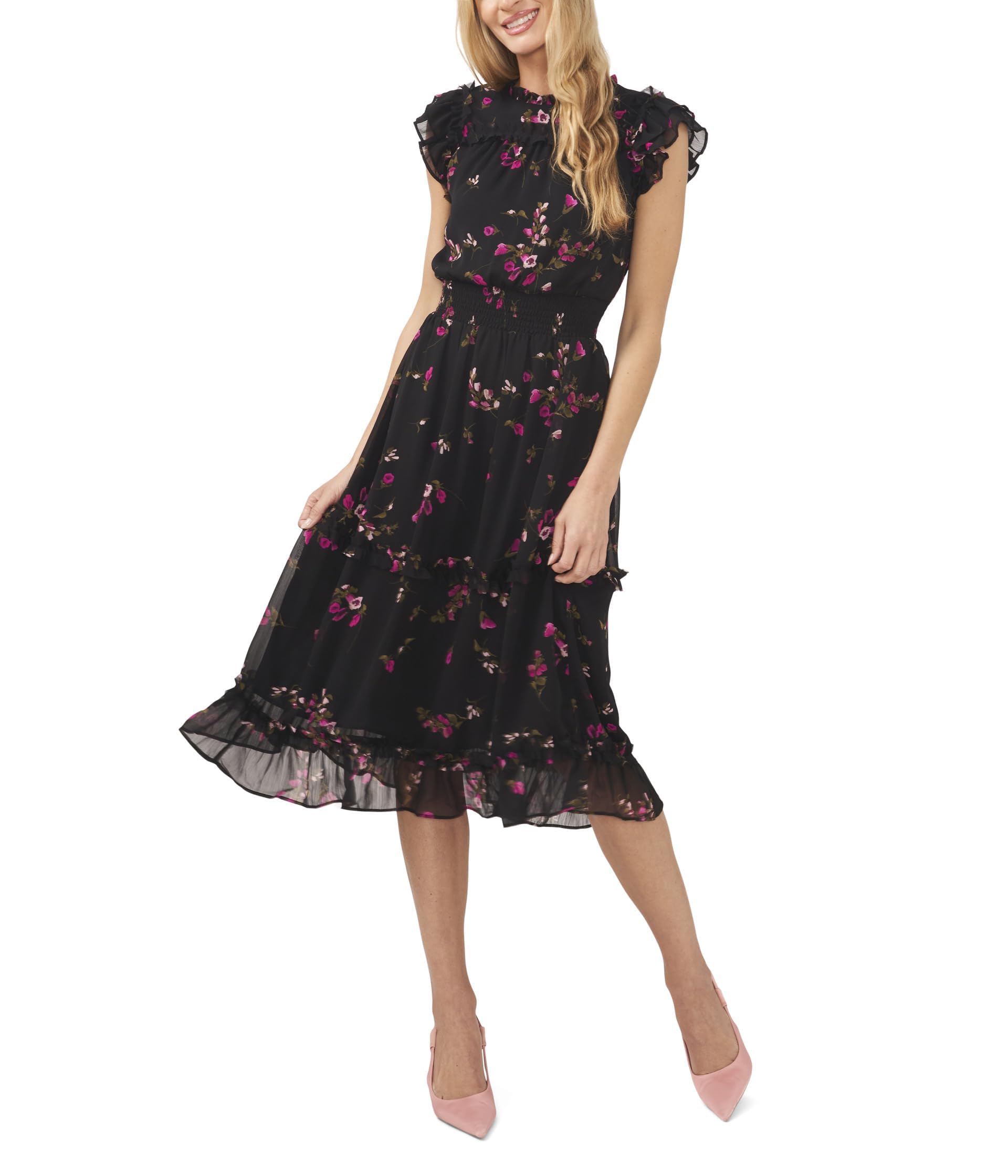 CeCe Ruffle Midi Dress with Smocking Rich Black LG Dresses by CeCe | Brands Overstock