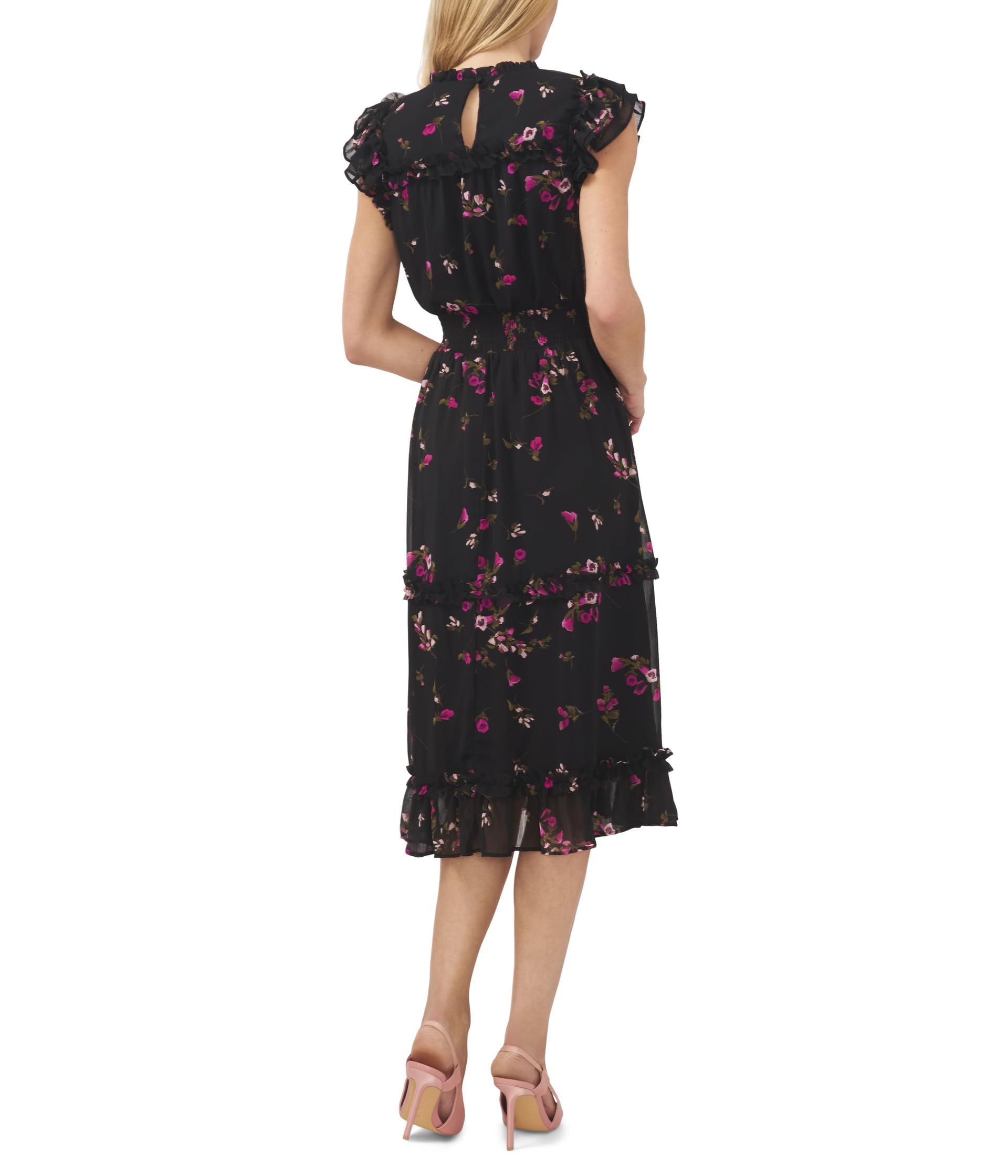 CeCe Ruffle Midi Dress with Smocking Rich Black LG Dresses by CeCe | Brands Overstock