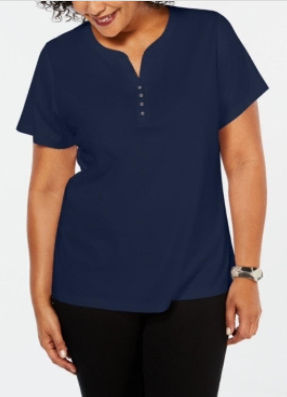 Karen Scott Plus Size Cotton Henley Top, 3X Intrepid Blue 3X Dresses by Brands Overstock | Brands Overstock