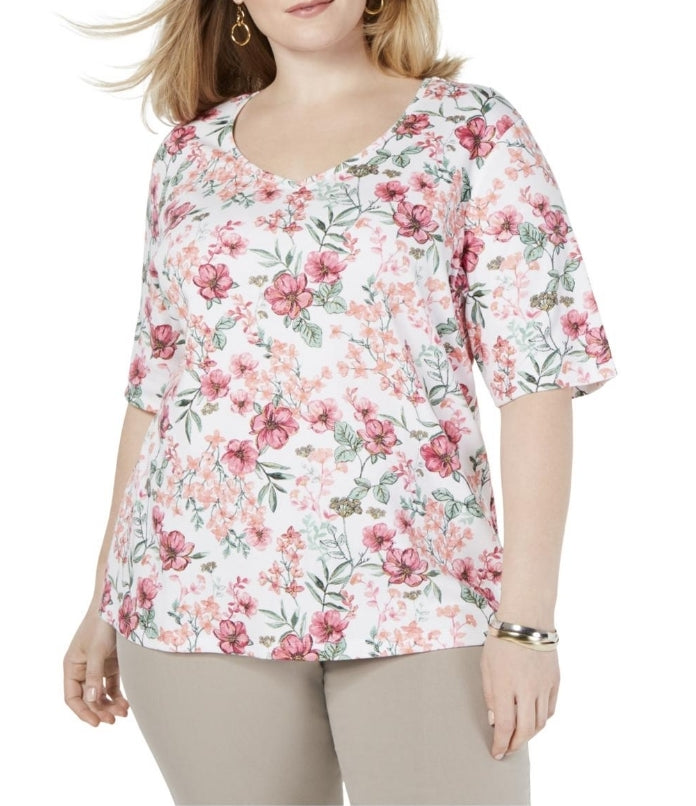 KAREN SCOTT Womens White Floral Short Sleeve V Neck T-Shirt Top Plus Size: 3X 3X Dresses by Prom girl | Brands Overstock