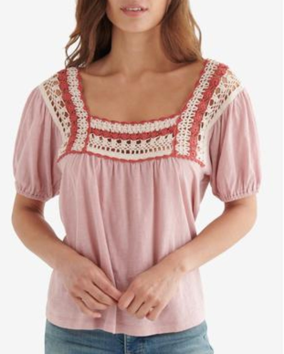 LUCKY BRAND Womens Pink Short Sleeve Square Neck Top Petites Dresses by Brands Overstock | Brands Overstock