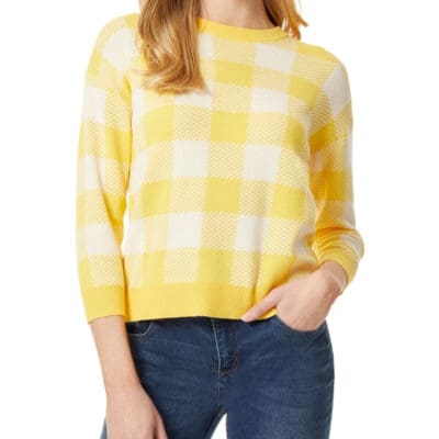 Jones New York Gingham Jacquard Sweater with Three Quarter Sleeves - Sunflower and White M