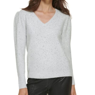 Karl Lagerfeld Paris Women's Puff Sleeve Sequin Sweater - White Silver - Size M