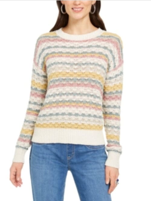 STYLE & COMPANY Womens Beige Bubble Stitch Striped Long Sleeve Sweater Petites PXL